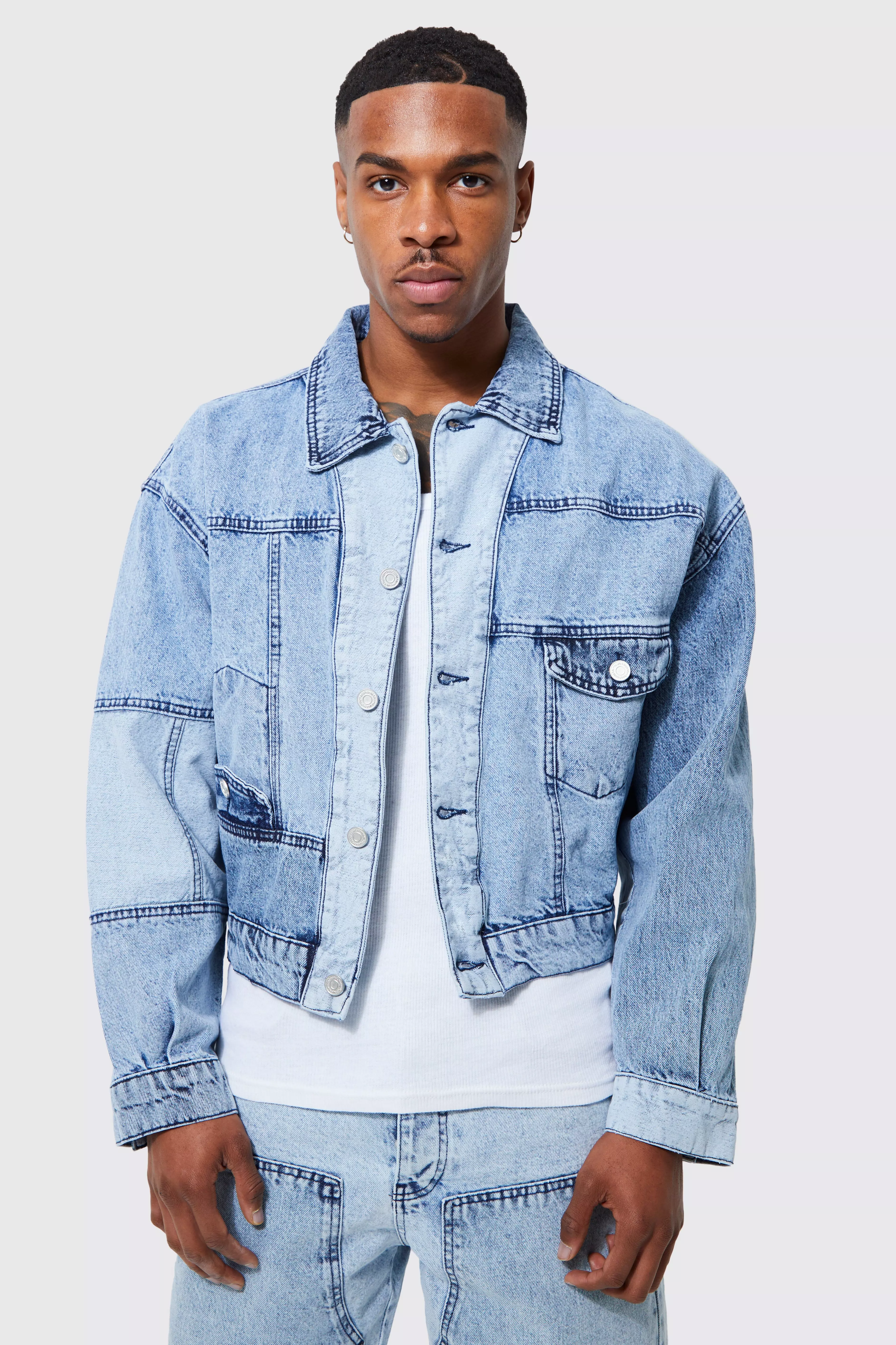 Ice Blue Denim Jacket and Shorts Set boohooMAN USA